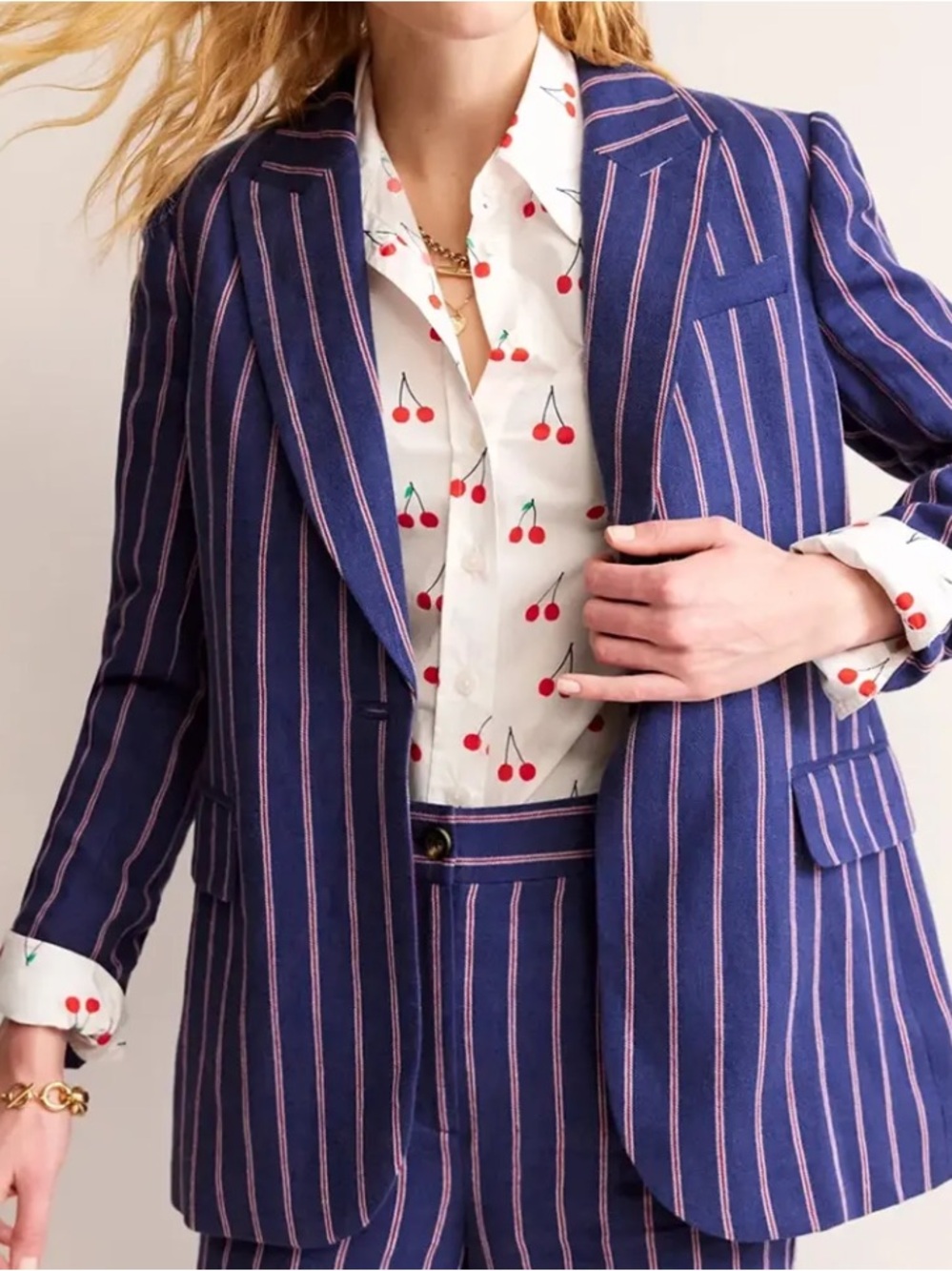 Boden Bloomsbury Blazer US 10 Blue Pink Pinstripe Cotton Linen Lined Jacket